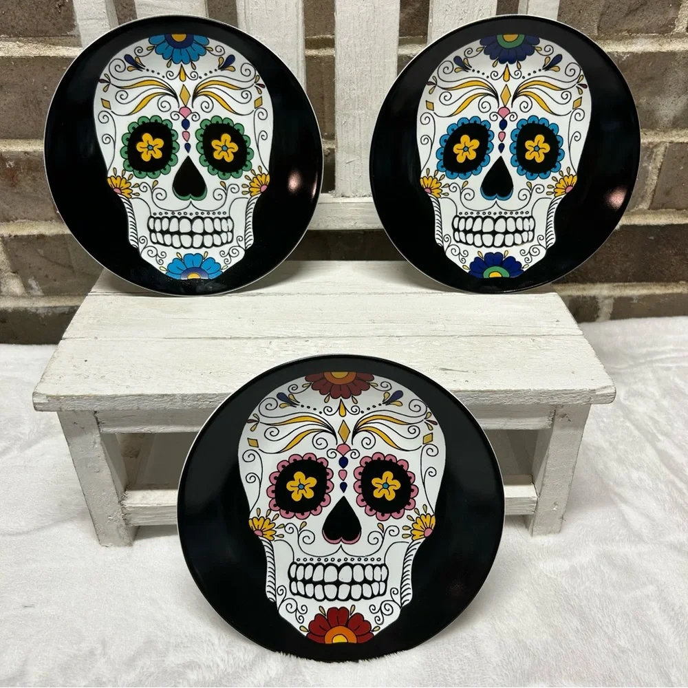 Williams Sonoma Halloween 3 Appetizer Plates Day of the Dead Skull Skeleton Head